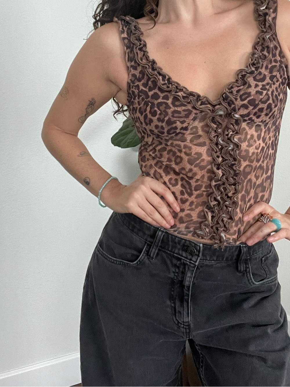 Leopard Print Ruffle-Trim Camisole - Brown